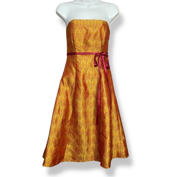Vintage Y2K Strapless Dress Iridescent Red Gold Ribbon Bow Tie Belt Small A-Line - Picture 1 of 14